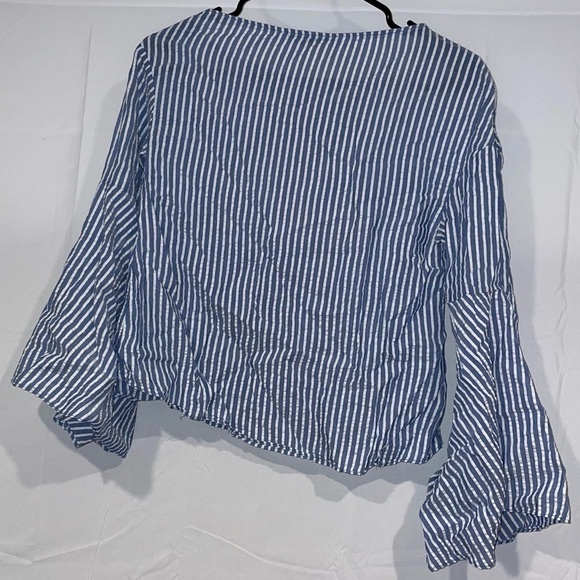 Zara Trafaluc Collection Blouse Off Shoulder Seersucker Striped Bell Sleeve Zip - Picture 10 of 11